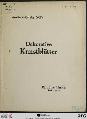 Dekorative Kunstblätter insbesondere Farbstiche und Schabkunstblätter der englischen und französischen Schule des 18. Jahrhnderts : Versteigerung: 6. Oktober 1924 (Katalog Nr. 94)