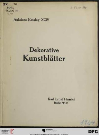 Dekorative Kunstblätter insbesondere Farbstiche und Schabkunstblätter der englischen und französischen Schule des 18. Jahrhnderts : Versteigerung: 6. Oktober 1924 (Katalog Nr. 94)