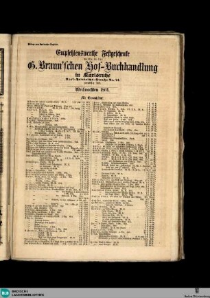 Karlsruher Tagblatt, Empfehlenswerthe Festgeschenke welche in der G. Braun'schen Hof-Buchhandlung