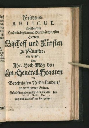 Friedens-Articul Zwischen dem Hochwürdigsten und Durchläuchtigsten Herren ...