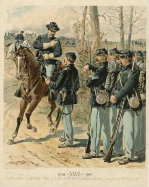 Feld- und Linienoffiziere, Unteroffiziere und gemeine Soldaten in Uniform und Mütze, Feldausrüstung, Blatt 27, stehend oder zu Pferd, teils Brustbild, teils Halbprofil