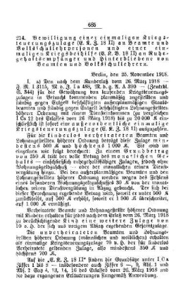 Bewilligung einer einmaligen Kriegsteuerungszulage (E.K.Z. 18 II) an Beamte und Volksschullehrpersonen und einer einmaligen Kriegsbeihilfe (E.K.B. 18 II) an Ruhegehaltsempfänger und Hinterbliebene von Beamten und Volksschullehrern : [A. Behörden und Beamte]