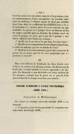 Concours d'admission a l'école polytechnique. (Année 1869).
