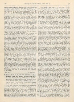 387-392 [Rezension] Schlatter, Adolf, Das neu gefundene hebräische Stück des Sirach. Der Glossator des griechischen Sirach