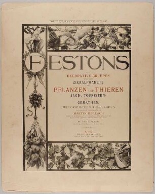 Titelblatt gruppiert aus Nadelhölzern, Musikinstrumenten, Maske, Lorbeer, Kürbissen, Wein, Früchten, Vögeln etc.