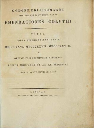 Godofredi Hermanni eqvitis. eloq. et poet. p. p. o. Emendationes Colvthi