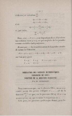 Agrégation des sciences mathématiques (concours de 1893). Solution de la question d'analyse.