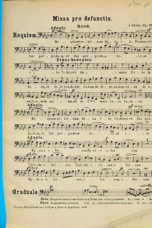 Missa pro defunctis : für 3 Männerstimmen (2 Tenor u. Bass) ; opus 22