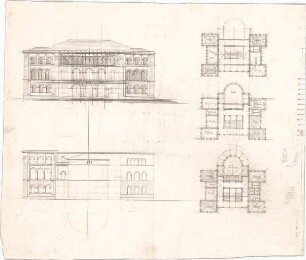 Voit, August von; Schule mit Turnsaal - Grundrisse, Ansichten