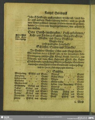 Dero Durch-lauchtigsten, Hoch-gebohrnen, Kuhr- und Fürsten zu Sachsen, Marg-Graffen zu Meissen, und Burg-Graffen zu Magde-burg, Unser gnädigsten Herrschafft, Schlösser, Städte und Märckte, In Sachsen, Meissen, Oster- und Voigt-Lande