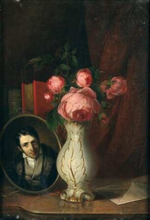 Blumenstillleben mit dem Porträt Ludwig Börnes