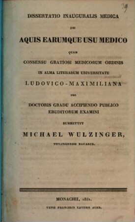 Diss. inaug. med. de aquis, earumque usu medico