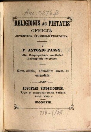 Religionis ac pietatis officia juventuti studiosae proposita