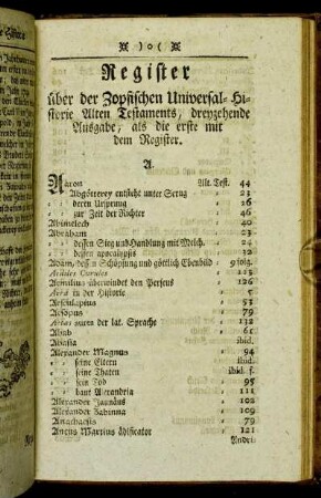 Register über der Zopfischen Universal-Historie Alten Testaments, dreyzehende Ausgabe, als die erste mit dem Register.