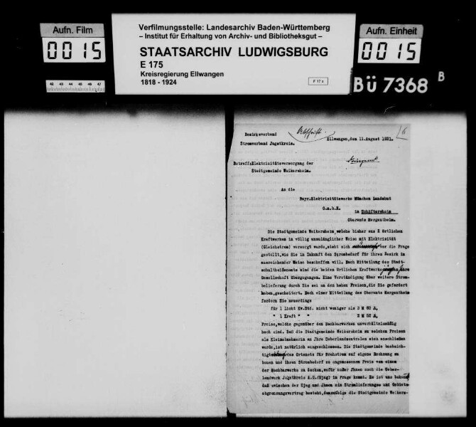Stromversorgung der Stadt Weikersheim Oberamt Mergentheim