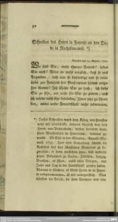 Schreiben des Herrn la Fayette an den Duc de la Rochefoucault