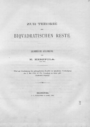 Zur Theorie der biquadratischen Reste : Akademische Abhandlung