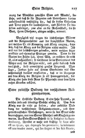 Seine politische Duldung der verschiedenen Religionsparteyen