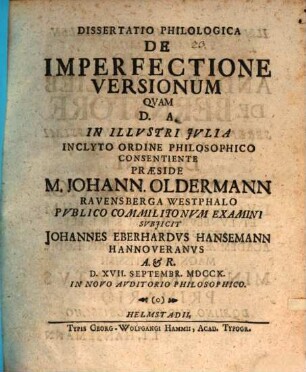 Dissertatio Philologica De Imperfectione Versionum