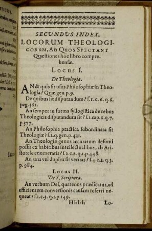 Secundus Index. Locorum Theologicorum, Ad Quos Spectant Quæstiones hoc libro comprehensæ.