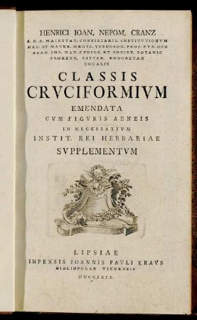 Henrici Joan. Nepom. Cranz ... Classis Cruciformium : Emendata Cum Figuris Aeneis In Necessarium Instit. Rei Herbariae Supplementum