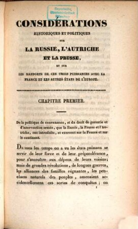 Considérations historiques et politiques sur la Russie, l'Autriche et la Prusse : et sur les rapports de ces trois puissances avec la France et les autres états de l'Europe