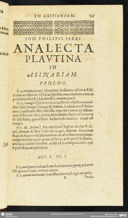Joh. Philippi Parei Analecta Plautina In Asinariam