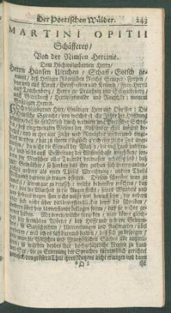 Martini Opitii Schäfferey/ Von der Nimfen Hercinie.