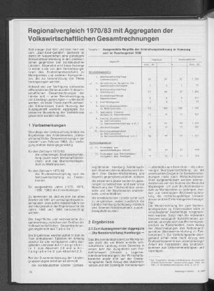 Regionalvergleich 1970/83 mit Aggregaten der Volkswirtschaftlichen Gesamtrechnung