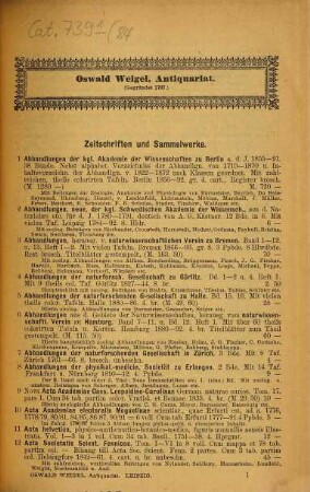 Lagerkatalog von Oswald Weigel's Antiquarium in Leipzig : Verzeichnis älterer und neuerer Bücher ... Neue Folge, 84