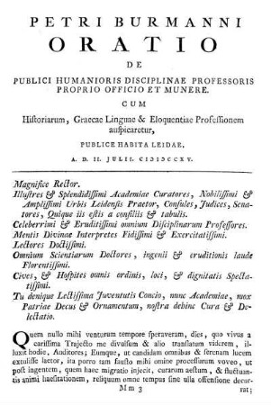 Oratio De Publici Humanioris Disciplinae Professoris Proprio Officio Et Munere.