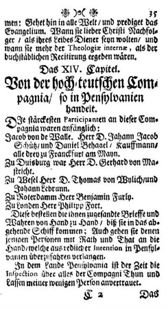 Das XIV. Capitel - Von der hoch-teutschen Compagnia / so in Pensylvanien handelt.