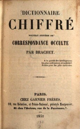 Dictionnaire chiffré, nouveau système de correspondance occulte