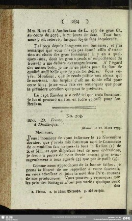 No. 208. Mrs. D. Freres, à Dunkerque. Memel le 12. Mars 1785