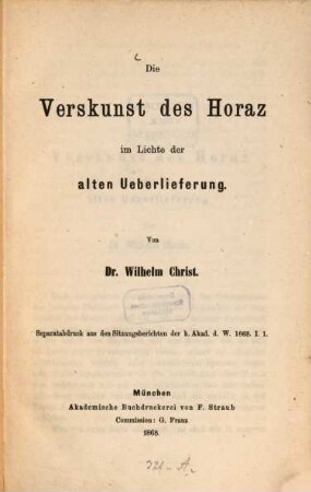 Ueber die Verskunst des Horaz im Lichte der alten Ueberlieferung