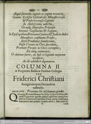 Columna II. A Purpurato Basilicae Paulinae Collegio Per Friderici Christiani Inaugurationem Decanalem exstructa
