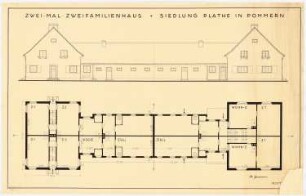 Siedlungsplan, Plathe/Rega Entwurf für ein Zweimal-Zweifamilienhaus: Aufriss und Grundriss, 1:50