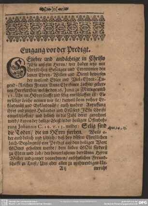 Leichenpredigt : Christliche Leich-Predigt. Eingang vor der Predigt. Textus