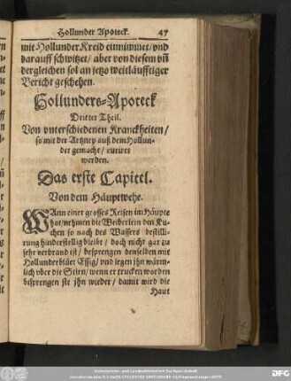 Hollunders-Apoteck Dritter Theil. Von unterschiedenen Kranckheiten/ so mit der Artzney auß dem Hollunder gemacht/ curiret werden.