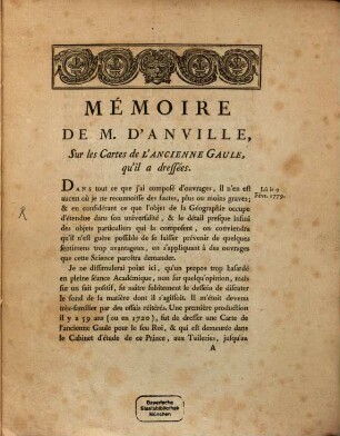 Mémoire de M[onsieur] d'Anville sur les cartes de l'ancienne Gaule