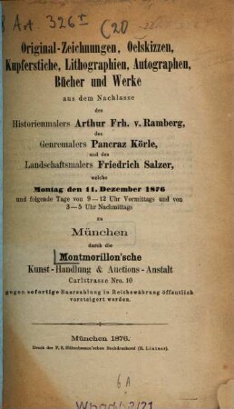 Kunstauctions-Cataloge der Montmorillon'schen Kunsthandlung und Auctionsanstalt (Joseph Maillinger). [20.] 1876