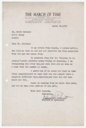 Brief von Richard de Rochemont, TIME The New Weekly Newsmagazine, New York - Chicago an Erich Salomon