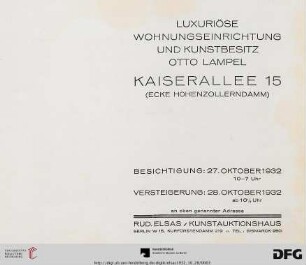 Luxuriöse Wohnungseinrichtung und Kunstbesitz Otto Lampel, Kaiserallee 15 (Ecke Hohenzollerndamm) : 28. Oktober 1932