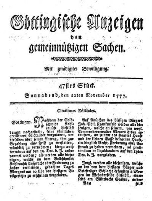 47stes Stück. Sonnabend, den 22ten November 1777.
