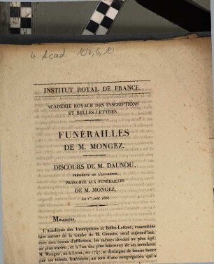Funérailles ..., 11. Funérailles de M. Mongez. Discours de M. Daunou : le 1. août 1835