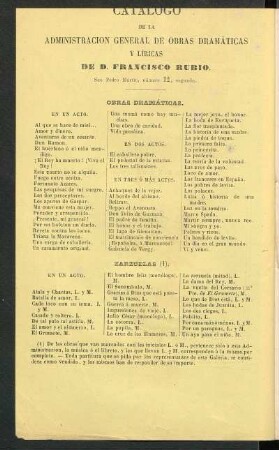 Catálogo de la administración general de obras dramáticas y líricas de D. Francisco Rubio.