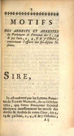 Motifs Des Arrêts Et Arrêtés du Parlement de Provence, des 5, 19 & 30 Juin, 2, 4, 6 & 7 Octobre, concernant l'affaire des soi-disans Jésuites