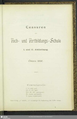 Censuren der Fach- und Fortbildungs-Schule : I. und II. Abtheilung