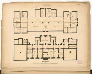 Kreiskrankenhaus, Insterburg Monatskonkurrenz November 1885: Grundriss Keller, Dachgeschoss; Maßstabsleiste