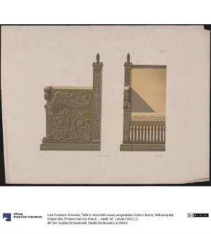 Tafel 6: Ansichten eines vergoldeten Sofas / Berlin, Wilhelmplatz. Palais des Prinzen Karl von Preußen. Entwurf zum Ecksofafür das Empfangszimmer